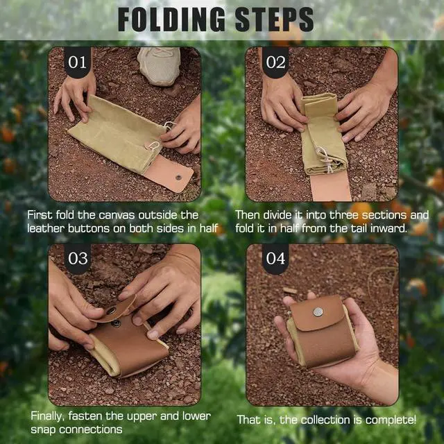 Alt view image 2 of 7 - Foraging Bag, Outdoor Picking Fruit Bags, Waxed Canvas Foraging Pouch, Foldable Leather Belt Pouch with Drawstring Multi-Purpose Picking Bag for Camping, Shells, Treasures, Travel, Hiking
