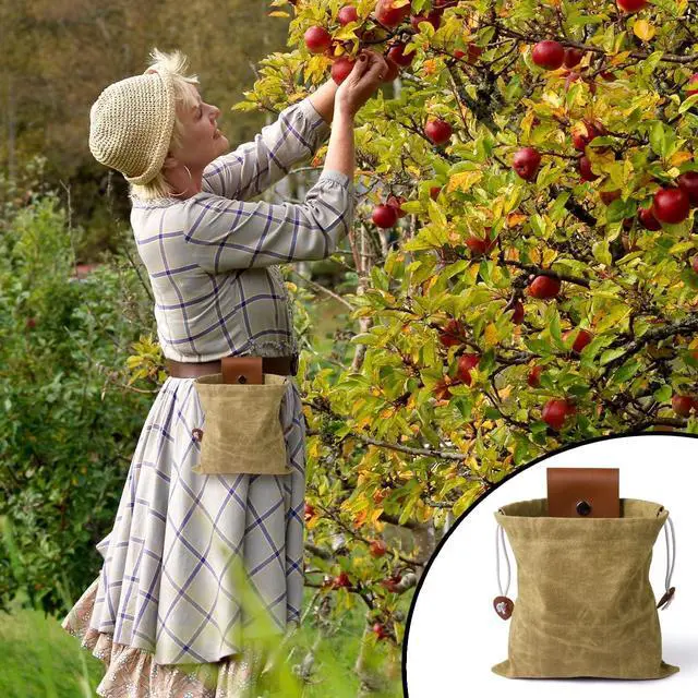 Alt view image 6 of 7 - Foraging Bag, Outdoor Picking Fruit Bags, Waxed Canvas Foraging Pouch, Foldable Leather Belt Pouch with Drawstring Multi-Purpose Picking Bag for Camping, Shells, Treasures, Travel, Hiking
