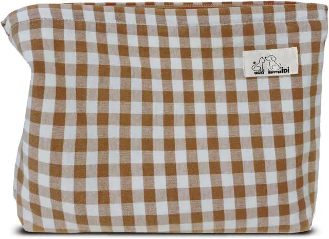 Alt view image 10 of 10 - HAPPYHEIDI Khaki Gingham Cotton Makeup Bag Cosmetic Travel Pouch with Bottom, Make Up Purse Organizer, Zipper Closure, Canvas Lined