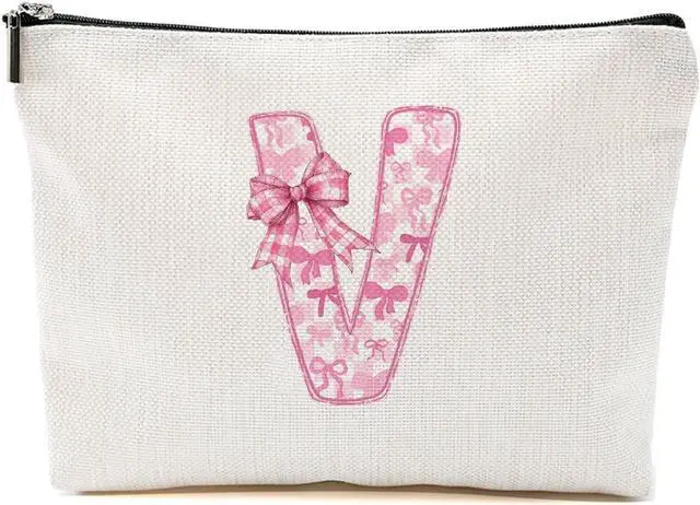 Main image of Pink Bow V, Alphabet Makeup Bag for Women, Personalized Gifts for Women | Washable Travel Organizer Toiletry Cosmetic Bag, Coquette Bow Letter Pattern Large Capacity Makeup Pouch with Zipper