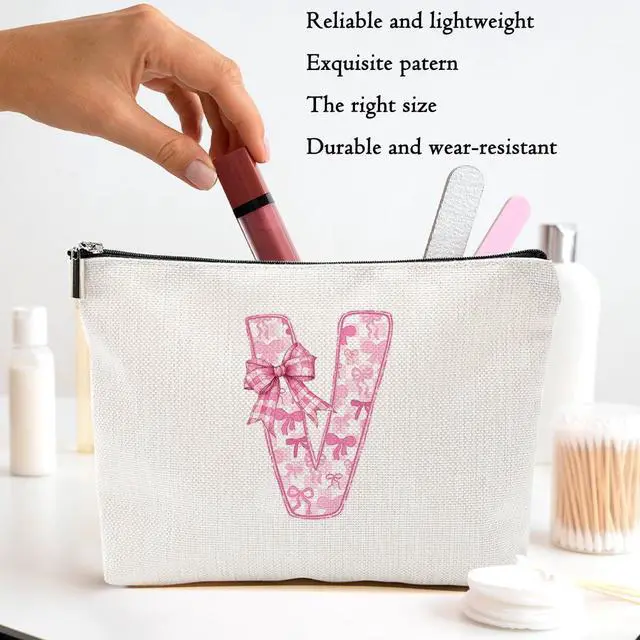 Alt view image 2 of 6 - Pink Bow V, Alphabet Makeup Bag for Women, Personalized Gifts for Women | Washable Travel Organizer Toiletry Cosmetic Bag, Coquette Bow Letter Pattern Large Capacity Makeup Pouch with Zipper