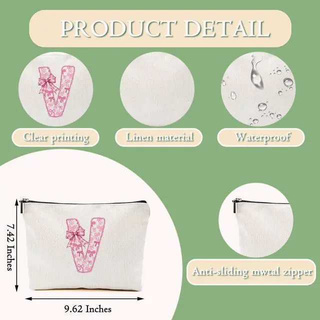 Alt view image 3 of 6 - Pink Bow V, Alphabet Makeup Bag for Women, Personalized Gifts for Women | Washable Travel Organizer Toiletry Cosmetic Bag, Coquette Bow Letter Pattern Large Capacity Makeup Pouch with Zipper
