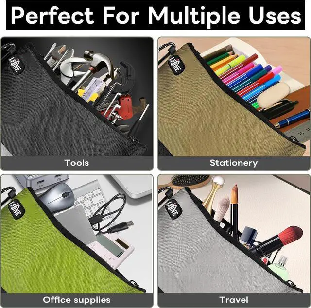 Alt view image 5 of 7 - Small Tool Bag Tool Pouches with Carabiners, 1680D Oxford Water Resistant Zipper Bag, Wide Flat Bottom Utility Bag Zipper Pouch for Storage and Organizer, 3-Pack Mini