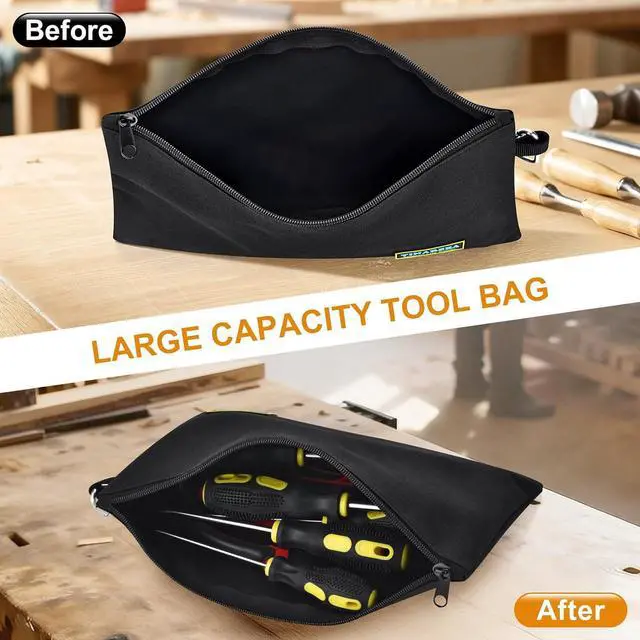 Alt view image 2 of 7 - Small Tool Pouch Bag with Zipper - Canvas Tool Organizer for Men | Heavy-Duty Zippered Pouch for Electricians,Waterproof Storage Case, DIY & Home Repair Tools Black (7.9 x 11.8 Inch)