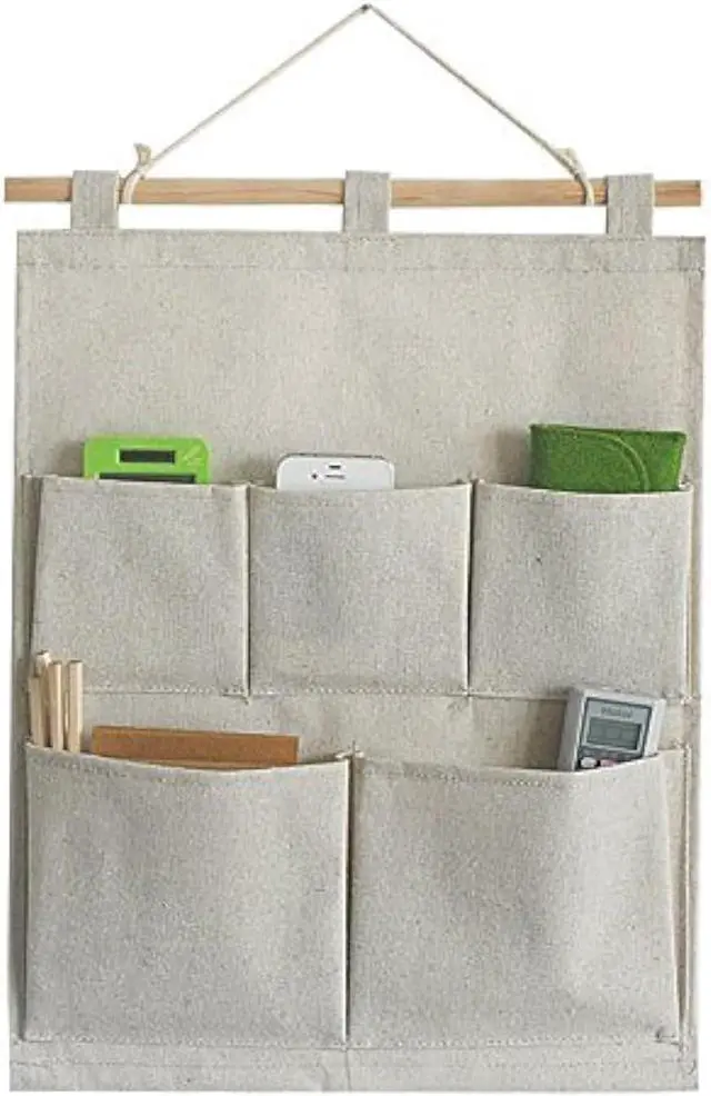 Main image of Linen/Cotton Fabric 5 Pockets Wall Door Closet Hanging Storage Bag Organizer,13.8" Wx 17.7" H (5 Pockets-Beige White)