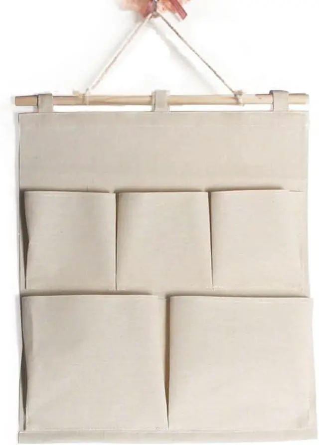 Alt view image 2 of 2 - Linen/Cotton Fabric 5 Pockets Wall Door Closet Hanging Storage Bag Organizer,13.8" Wx 17.7" H (5 Pockets-Beige White)