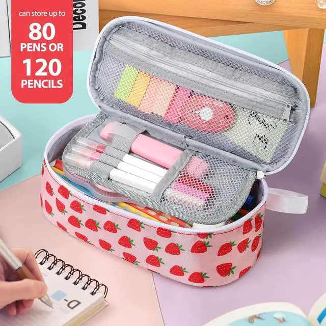 Alt view image 3 of 6 - Large Capacity Pencil Case Portable Pencil Pouch Bag School Supplies for College Students Girls Boys Adults(Strawberry)