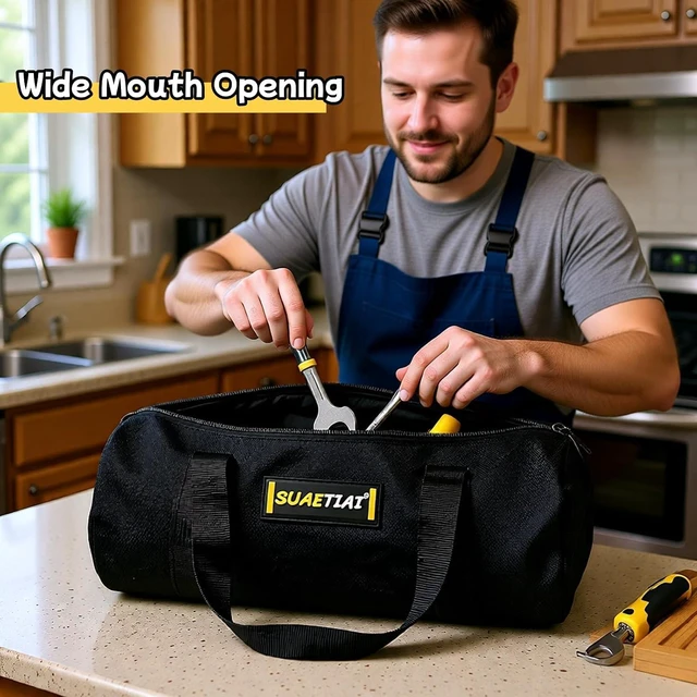 Alt view image 2 of 7 - 14 Inch Small Tool Bags for Men, Wide Mouth Zipper Tool Storage Bag, Large Capacity Canvas Tool Tote Bag, Multi-Function Tool bag for Storage Wrenches, Screwdrivers, Repair Tools (Black)