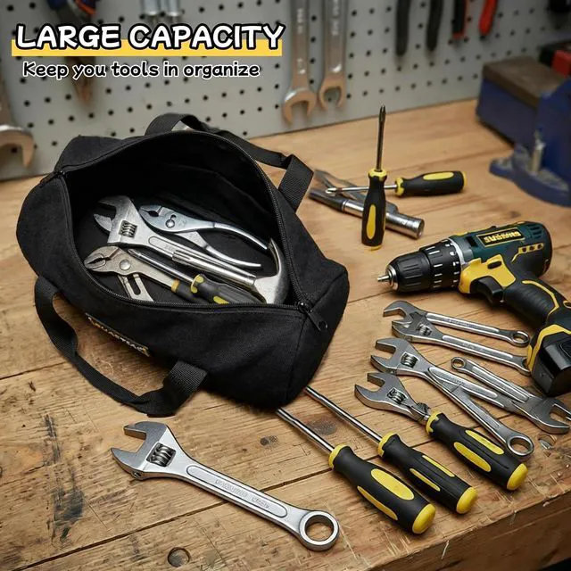 Alt view image 5 of 7 - 14 Inch Small Tool Bags for Men, Wide Mouth Zipper Tool Storage Bag, Large Capacity Canvas Tool Tote Bag, Multi-Function Tool bag for Storage Wrenches, Screwdrivers, Repair Tools (Black)
