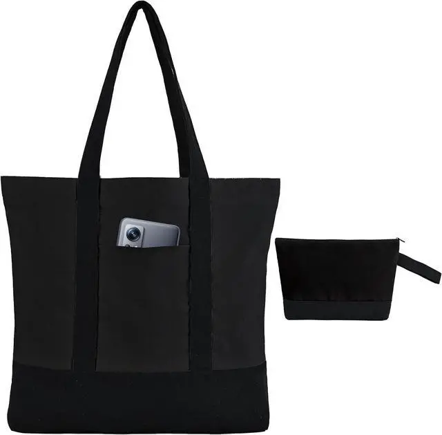 Main image of 2-Pack Canvas Tote Bags and Makeup Bags, Cotton Zipper Bag, All Black | Reusable grocery bag, external pocket, sublimation, heat transfer & HTV, Christmas craft, shopping/beach/travel, women/men