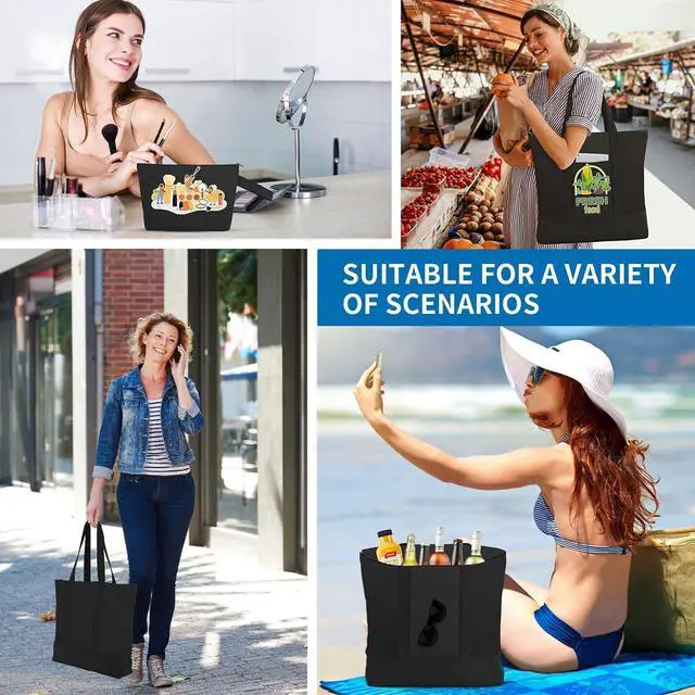 Alt view image 2 of 7 - 2-Pack Canvas Tote Bags and Makeup Bags, Cotton Zipper Bag, All Black | Reusable grocery bag, external pocket, sublimation, heat transfer & HTV, Christmas craft, shopping/beach/travel, women/men