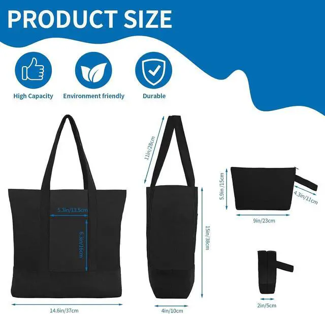 Alt view image 3 of 7 - 2-Pack Canvas Tote Bags and Makeup Bags, Cotton Zipper Bag, All Black | Reusable grocery bag, external pocket, sublimation, heat transfer & HTV, Christmas craft, shopping/beach/travel, women/men