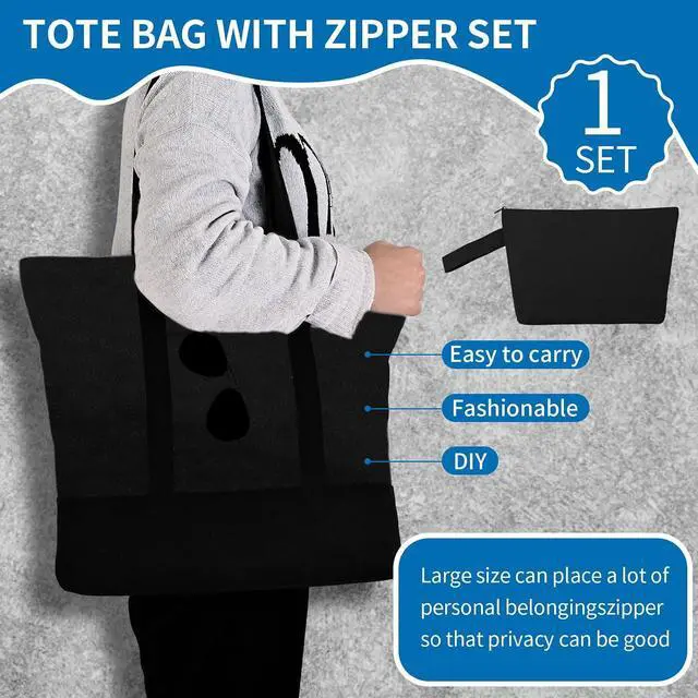 Alt view image 4 of 7 - 2-Pack Canvas Tote Bags and Makeup Bags, Cotton Zipper Bag, All Black | Reusable grocery bag, external pocket, sublimation, heat transfer & HTV, Christmas craft, shopping/beach/travel, women/men