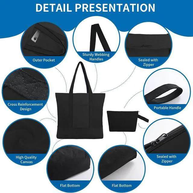 Alt view image 5 of 7 - 2-Pack Canvas Tote Bags and Makeup Bags, Cotton Zipper Bag, All Black | Reusable grocery bag, external pocket, sublimation, heat transfer & HTV, Christmas craft, shopping/beach/travel, women/men