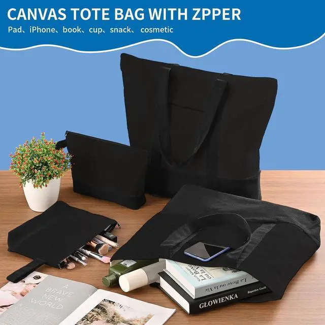 Alt view image 6 of 7 - 2-Pack Canvas Tote Bags and Makeup Bags, Cotton Zipper Bag, All Black | Reusable grocery bag, external pocket, sublimation, heat transfer & HTV, Christmas craft, shopping/beach/travel, women/men