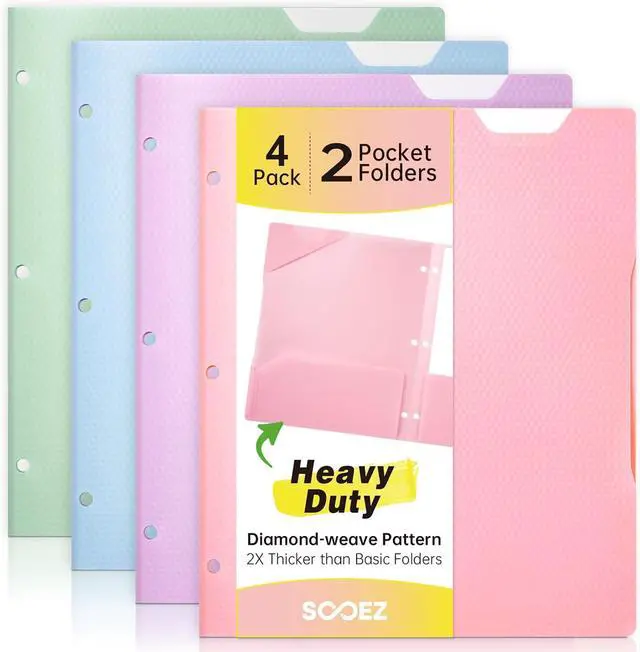 Main image of 4 Pack Plastic Folders with Pockets, Heavy Duty, Fits 3-Ring Binder
