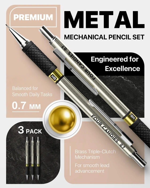 Alt view image 2 of 7 - Metal Mechanical Pencil Set with Case, 3-Pack 0.7mm Medium Point