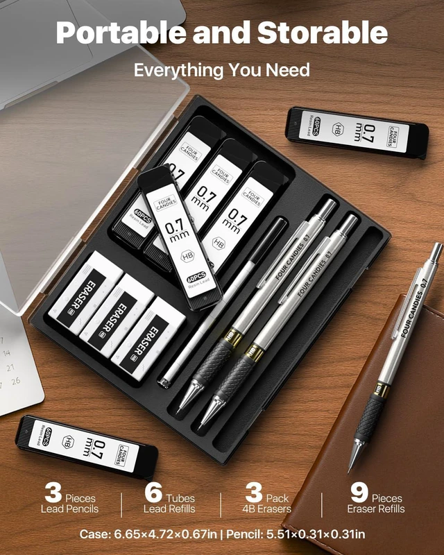Alt view image 4 of 7 - Metal Mechanical Pencil Set with Case, 3-Pack 0.7mm Medium Point