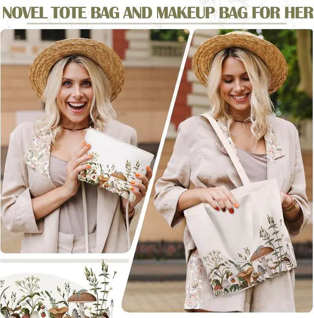 Alt view image 2 of 7 - 2 Pcs Mushroom Aesthetic Canvas Tote Bags for Women with Makeup Zipper Pouch Cute Floral Reusable Shoulder Tote Bag Back to School Gift for Teacher Beach Shopping Travel Work Gym Grocery