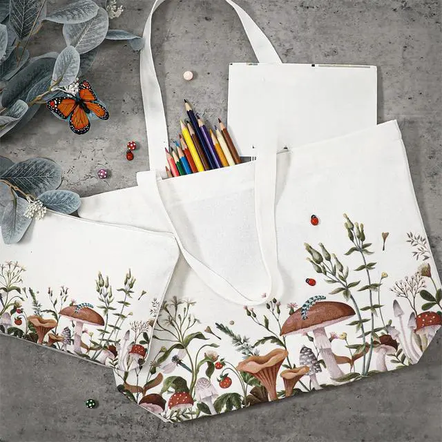 Alt view image 3 of 7 - 2 Pcs Mushroom Aesthetic Canvas Tote Bags for Women with Makeup Zipper Pouch Cute Floral Reusable Shoulder Tote Bag Back to School Gift for Teacher Beach Shopping Travel Work Gym Grocery