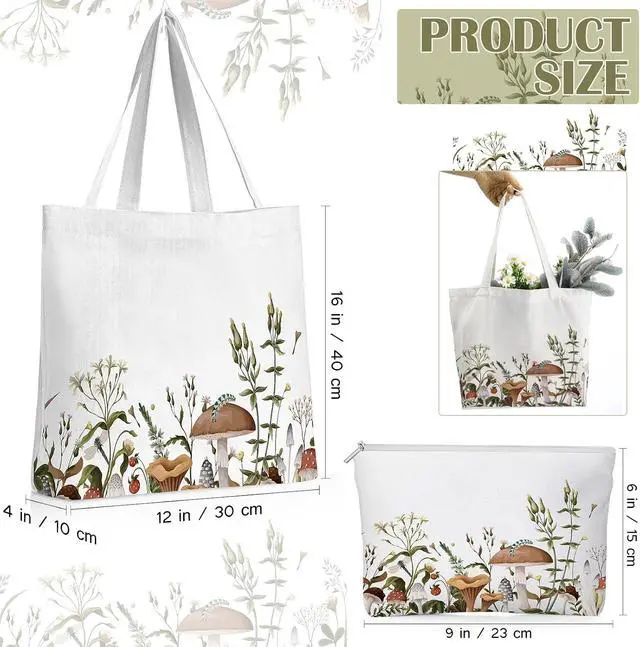 Alt view image 4 of 7 - 2 Pcs Mushroom Aesthetic Canvas Tote Bags for Women with Makeup Zipper Pouch Cute Floral Reusable Shoulder Tote Bag Back to School Gift for Teacher Beach Shopping Travel Work Gym Grocery