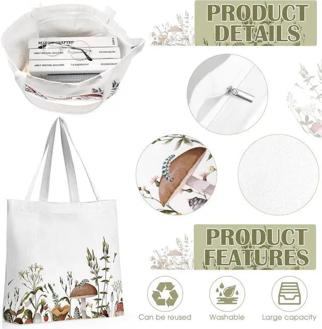 Alt view image 5 of 7 - 2 Pcs Mushroom Aesthetic Canvas Tote Bags for Women with Makeup Zipper Pouch Cute Floral Reusable Shoulder Tote Bag Back to School Gift for Teacher Beach Shopping Travel Work Gym Grocery