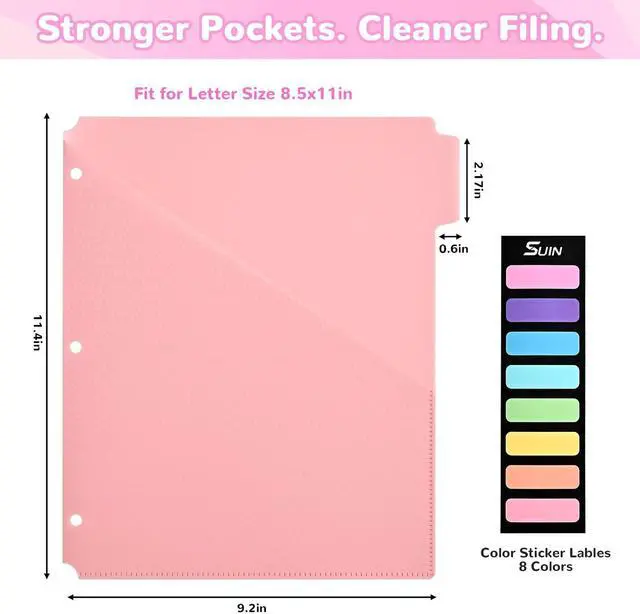 Alt view image 2 of 7 - 5-Tab Binder Dividers with Pockets - Heavy Duty Plastic Dividers for 3 Ring Binder, Letter Size Poly Page Separators with Tabs & Label Stickers, Diamond Texture, 5 Pastel Colors, 1-Pack