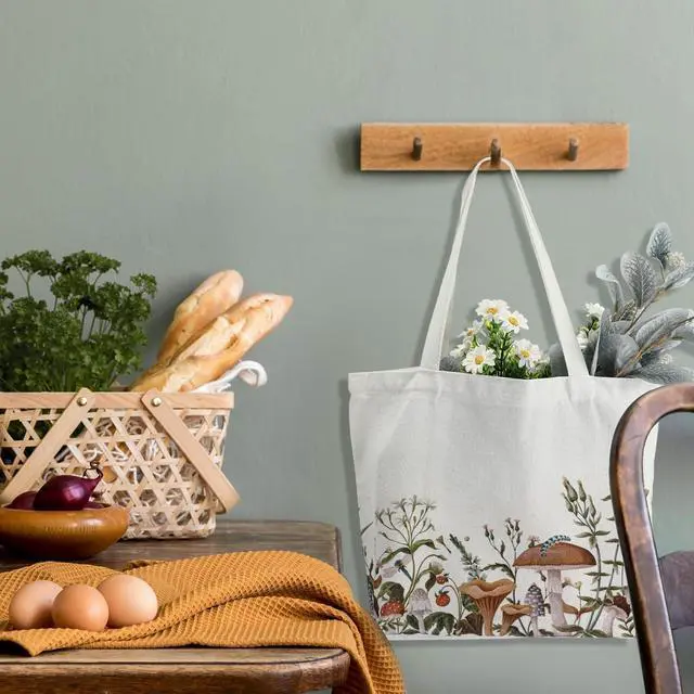 Alt view image 6 of 7 - 2 Pcs Mushroom Aesthetic Canvas Tote Bags for Women with Makeup Zipper Pouch Cute Floral Reusable Shoulder Tote Bag Back to School Gift for Teacher Beach Shopping Travel Work Gym Grocery