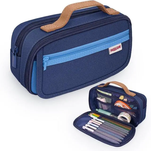 Main image of Large Pen Pencil Case, Canvas Oxford Durable Zip Pouch - 110+ Pens Large Storage Organizer Pouch Bag for Stationery, Office Supplies (Blue)