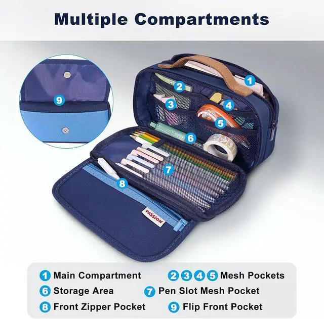 Alt view image 3 of 7 - Large Pen Pencil Case, Canvas Oxford Durable Zip Pouch - 110+ Pens Large Storage Organizer Pouch Bag for Stationery, Office Supplies (Blue)
