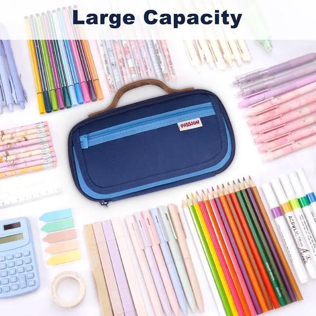 Alt view image 5 of 7 - Large Pen Pencil Case, Canvas Oxford Durable Zip Pouch - 110+ Pens Large Storage Organizer Pouch Bag for Stationery, Office Supplies (Blue)