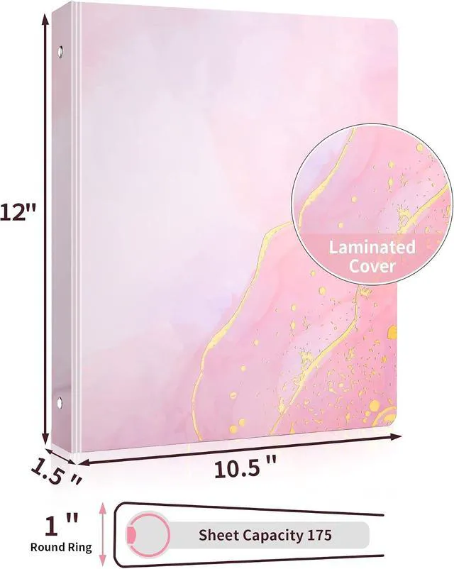 Alt view image 2 of 7 - 1 Inch 3 Ring Binder, Pink Binder, Cute Binder with 2 Pockets, Heavy Duty Letter Size Organizer for School and Office Supplies (8.5 x 11 Inches), Pink Marble Design