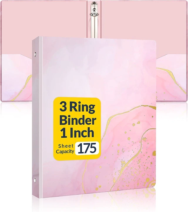 Main image of 1 Inch 3 Ring Binder, Pink Binder, Cute Binder with 2 Pockets, Heavy Duty Letter Size Organizer for School and Office Supplies (8.5 x 11 Inches), Pink Marble Design