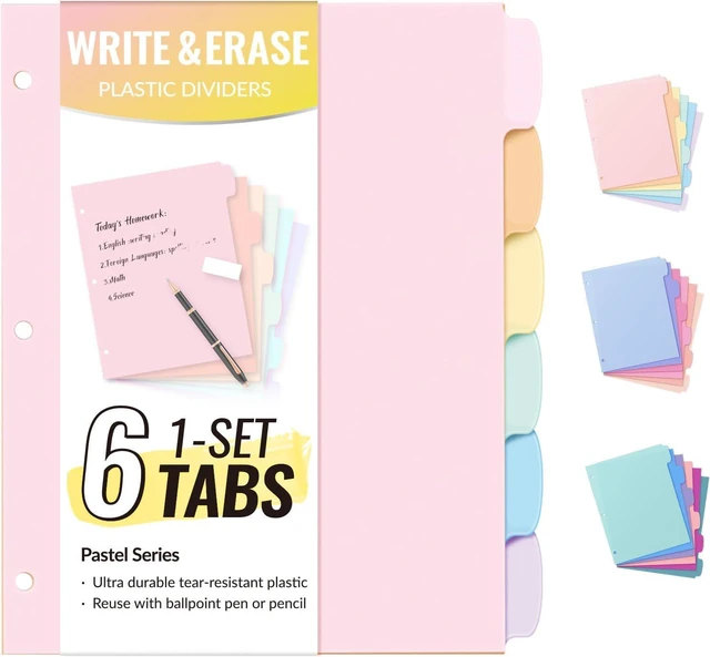 Main image of 6-Tab 3 Ring Binder dividers with tabs, Durable Plastic Write & Erase Tab Dividers for 3 Ring Binder, Aesthetic Cute Binder Dividers for Student, Teacher, Office, Home Organizers, 1 Sets