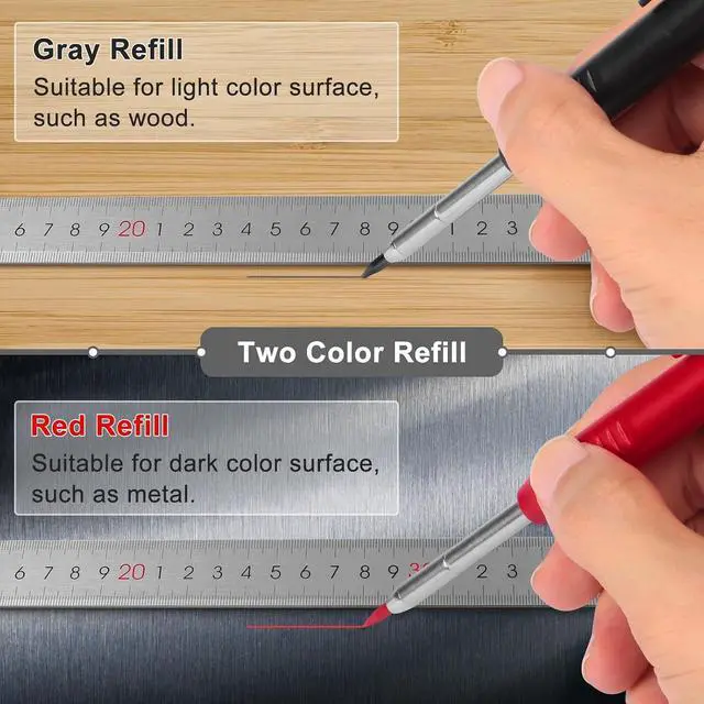 Alt view image 3 of 7 - 2 Pack Carpenter Pencils Mechanical Pencils with 12 Refills, Construction Pencils with Built-in Sharpener, Long Nib Deep Hole Pencil Marker, Heavy Duty Woodworking Pencil for Architect (2 Colors)