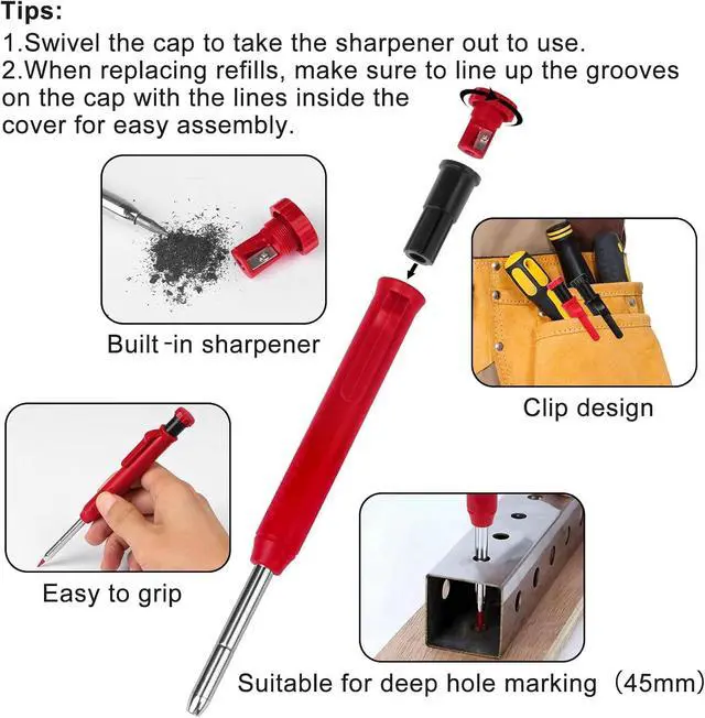 Alt view image 4 of 7 - 2 Pack Carpenter Pencils Mechanical Pencils with 12 Refills, Construction Pencils with Built-in Sharpener, Long Nib Deep Hole Pencil Marker, Heavy Duty Woodworking Pencil for Architect (2 Colors)