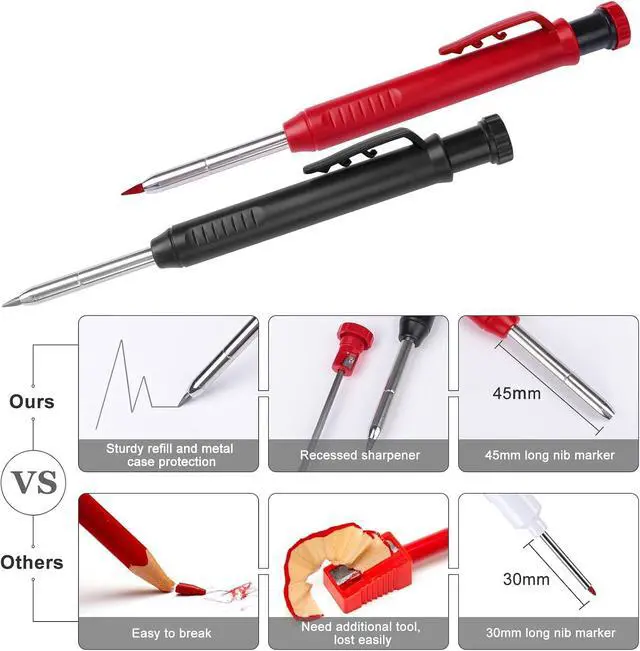 Alt view image 5 of 7 - 2 Pack Carpenter Pencils Mechanical Pencils with 12 Refills, Construction Pencils with Built-in Sharpener, Long Nib Deep Hole Pencil Marker, Heavy Duty Woodworking Pencil for Architect (2 Colors)