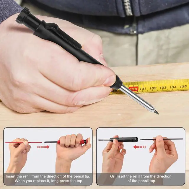 Alt view image 7 of 7 - 2 Pack Carpenter Pencils Mechanical Pencils with 12 Refills, Construction Pencils with Built-in Sharpener, Long Nib Deep Hole Pencil Marker, Heavy Duty Woodworking Pencil for Architect (2 Colors)