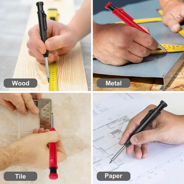 Alt view image 6 of 7 - 2 Pack Carpenter Pencils Mechanical Pencils with 12 Refills, Construction Pencils with Built-in Sharpener, Long Nib Deep Hole Pencil Marker, Heavy Duty Woodworking Pencil for Architect (2 Colors)