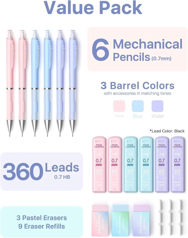 Alt view image 6 of 7 - Pastel Mechanical Pencil Set, 0.7mm Medium Point, Pack of 6