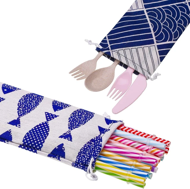 Alt view image 3 of 7 - 5 Pack Straw Carrying Case Pouch Kit 11.7 x 3.9 Inch Reusable Cutlery Pouch Portable Canvas Utensil Travel Case Bag for Straws Knife Fork Spoon Chopsticks Stainless Steel Glass Silicone