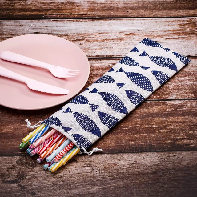 Alt view image 4 of 7 - 5 Pack Straw Carrying Case Pouch Kit 11.7 x 3.9 Inch Reusable Cutlery Pouch Portable Canvas Utensil Travel Case Bag for Straws Knife Fork Spoon Chopsticks Stainless Steel Glass Silicone