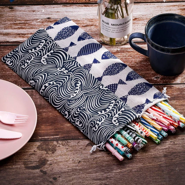 Alt view image 5 of 7 - 5 Pack Straw Carrying Case Pouch Kit 11.7 x 3.9 Inch Reusable Cutlery Pouch Portable Canvas Utensil Travel Case Bag for Straws Knife Fork Spoon Chopsticks Stainless Steel Glass Silicone