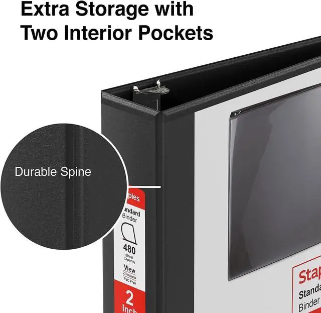 Alt view image 3 of 6 - Staples Standard 2-Inch D-Ring View Binder, Holds Up to 480 Sheets, Black, Durable 3-Ring Binder for Office, School & Home