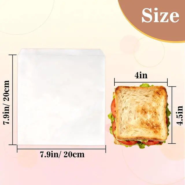 Alt view image 2 of 7 - 100 Wax Paper Sandwich Bags - 8"x8" White Paper Lunch Bags for Food | Glassine Bags for Food Take Out, Packaging for Bread, Toaster, Bagel, Pastry, Treat, Snack & Cookies, Soaps & Card Envelopes