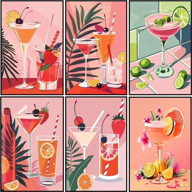 Main image of 6 Cocktail Pack Painting by Numbers Kit for Beginner 8X12 inch | Adult Paint by Number Kits on Canvas, DIY Acrylic Oil Easy Painting by Numbers for Home Wall Decor (Without Frame)