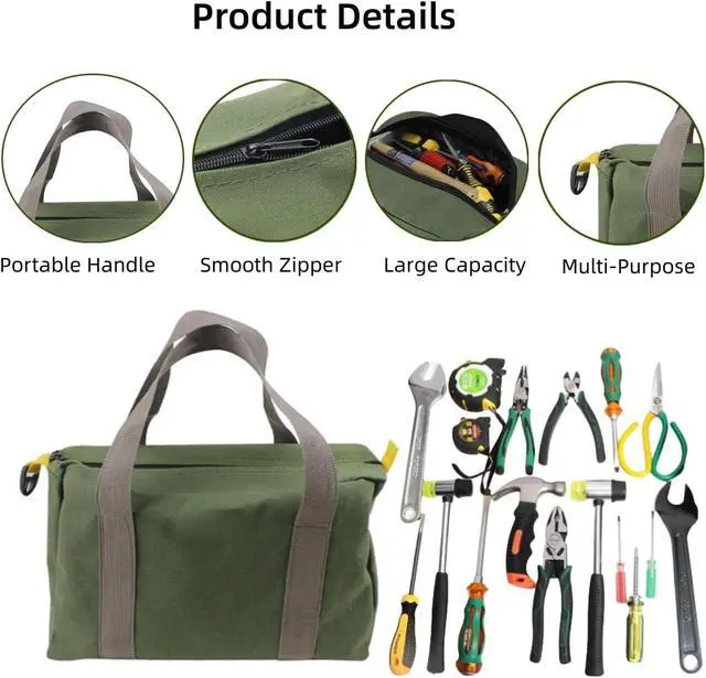 Alt view image 3 of 7 - 12 Inch Wide Mouth Tool Bag, Heavy Duty Canvas Tool Storage Bag for Men, Large Capacity Tool Tote Bag for Electricians, Power Tool Organizer Pouch
