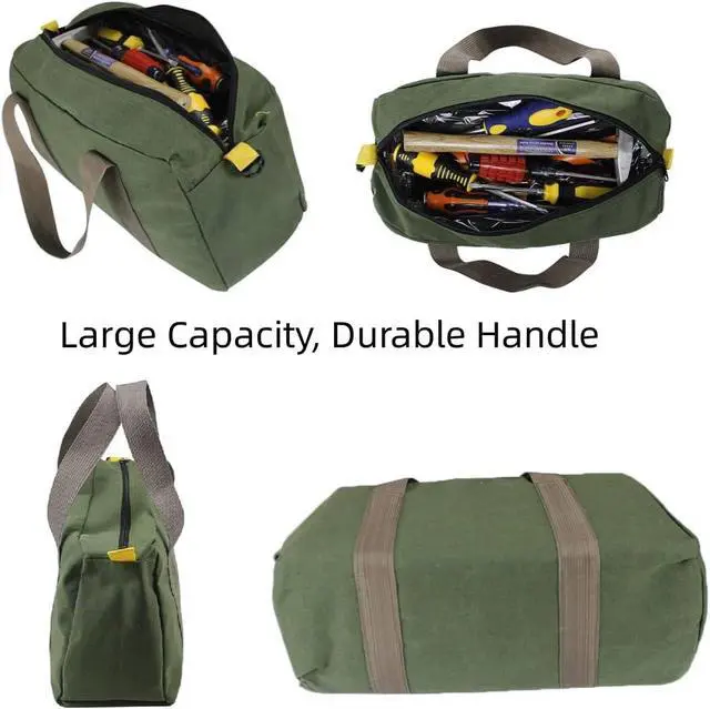 Alt view image 4 of 7 - 12 Inch Wide Mouth Tool Bag, Heavy Duty Canvas Tool Storage Bag for Men, Large Capacity Tool Tote Bag for Electricians, Power Tool Organizer Pouch