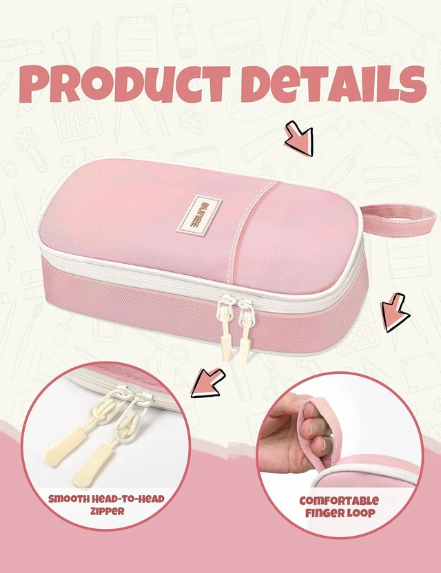 Alt view image 3 of 7 - Cute Pencil Case, Aesthetic Pen Pouch, Colored Large Pencil Bag with Zipper, Kawaii Stationery Storage and Organizer, School Supplies for Teen and Adult Girls, Pink