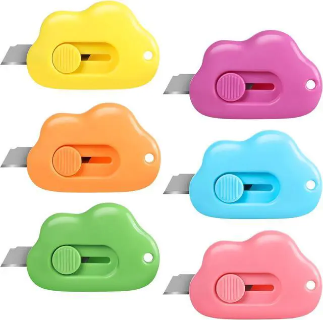 Main image of Cloud Box Cutter Retractable, 6Pcs Mini Utility Knife Letter Opener Envelope Slitter, Small Package Opener Paper Cutters with Keychain Hole for Office Home School Stationery DIY Crafts Rainbow Color